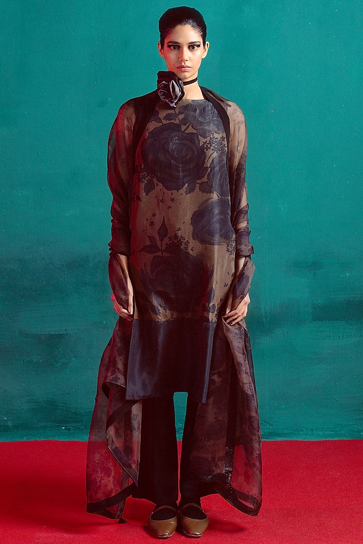 Brown Silk Floral Printed Handwoven Kurta Set by Ekaya at Pernia's Pop Up Shop