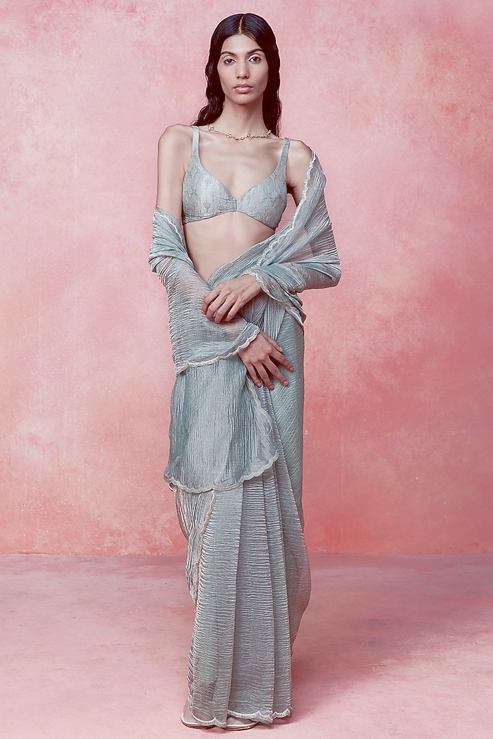 Sea Green Tissue Hand Embroidered Handwoven Party Wear Saree Set by Ekaya at Pernia's Pop Up Shop