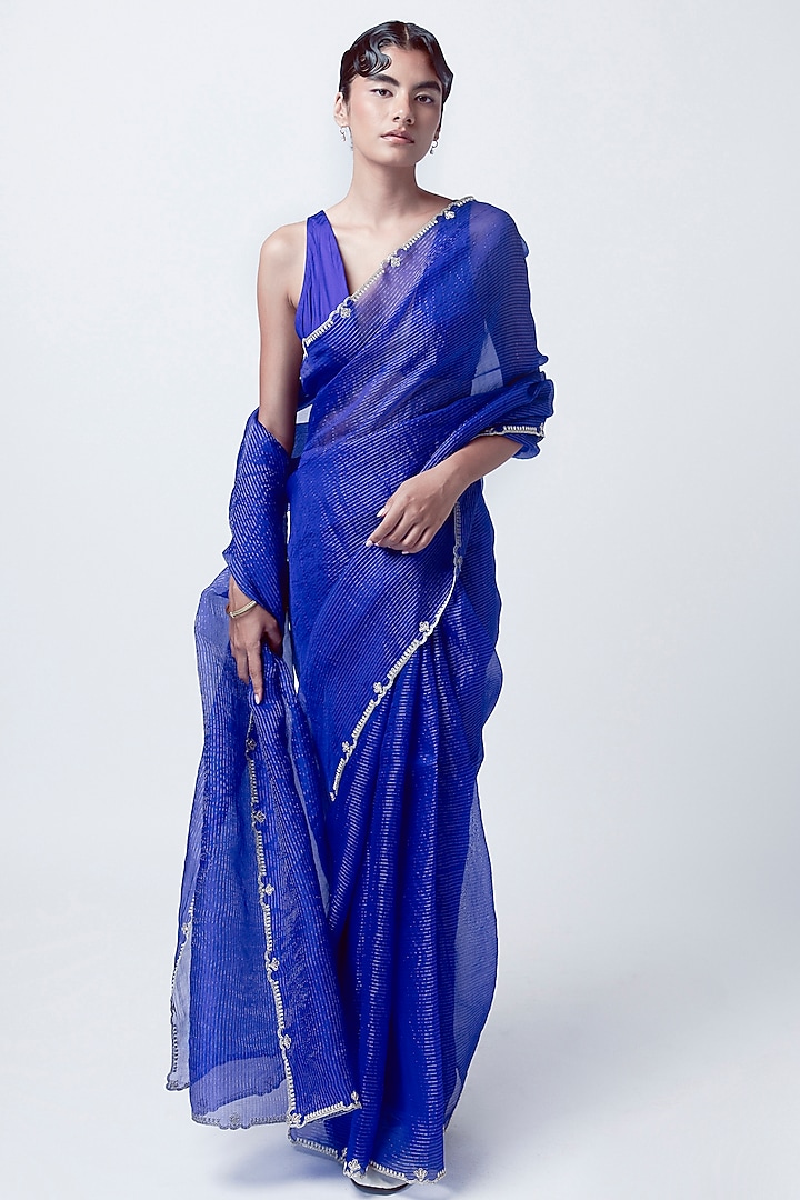 Electric Blue Organza Hand Embroidered Handwoven Saree Set by Ekaya at Pernia's Pop Up Shop