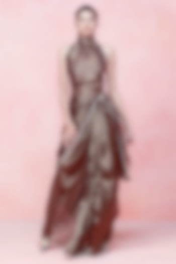 Obsidian Black Tissue Hand Embroidered Handwoven Party Wear Saree Set by Ekaya at Pernia's Pop Up Shop