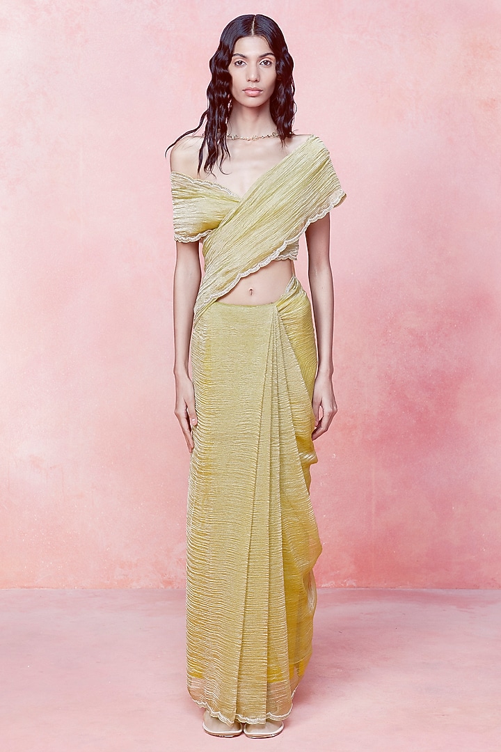 Primrose Lemon Tissue Hand Embroidered Handwoven Party Wear Saree Set by Ekaya at Pernia's Pop Up Shop