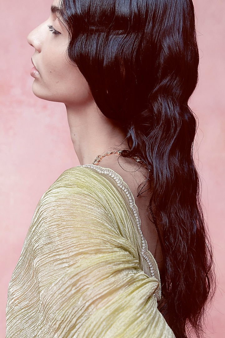 Primrose Lemon Tissue Hand Embroidered Handwoven Party Wear Saree Set by Ekaya at Pernia's Pop Up Shop