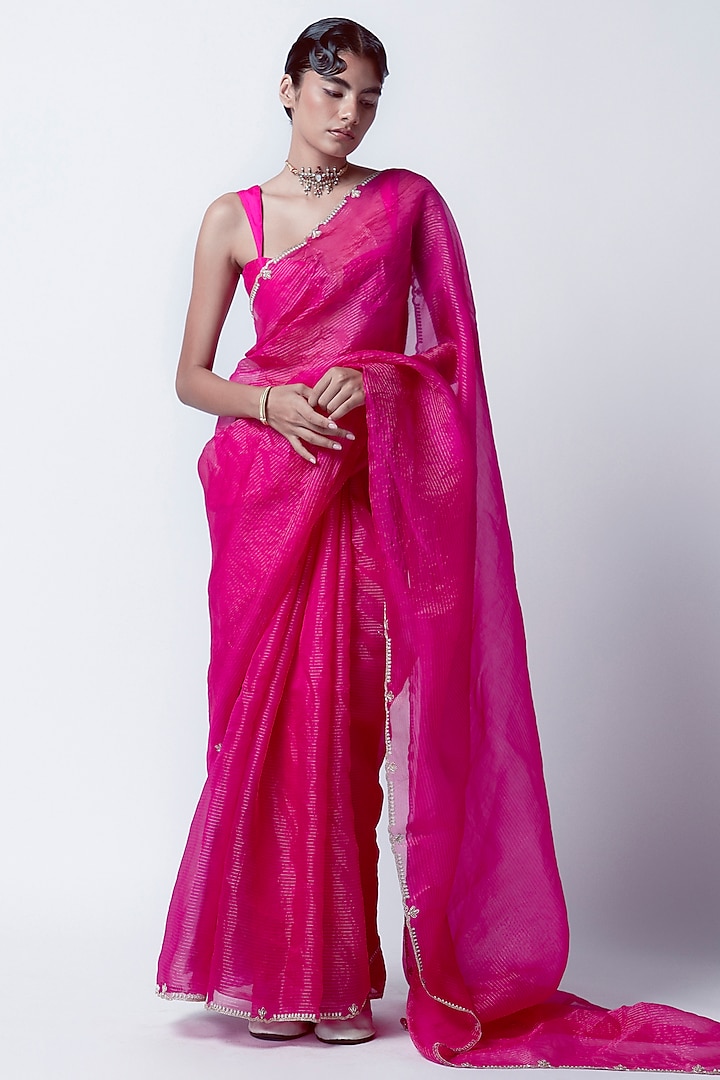 Crimson Pink Organza Hand Embroidered Handwoven Saree Set by Ekaya