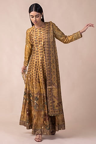 Mustard Yellow Handwoven Printed Anarkali Set by Ekaya