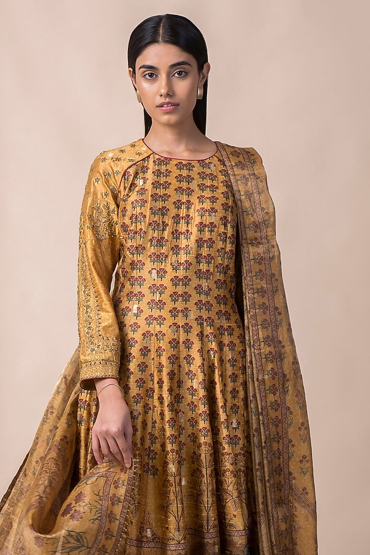 Mustard Yellow Handwoven Printed Wedding Anarkali Set by Ekaya at Pernia's Pop Up Shop