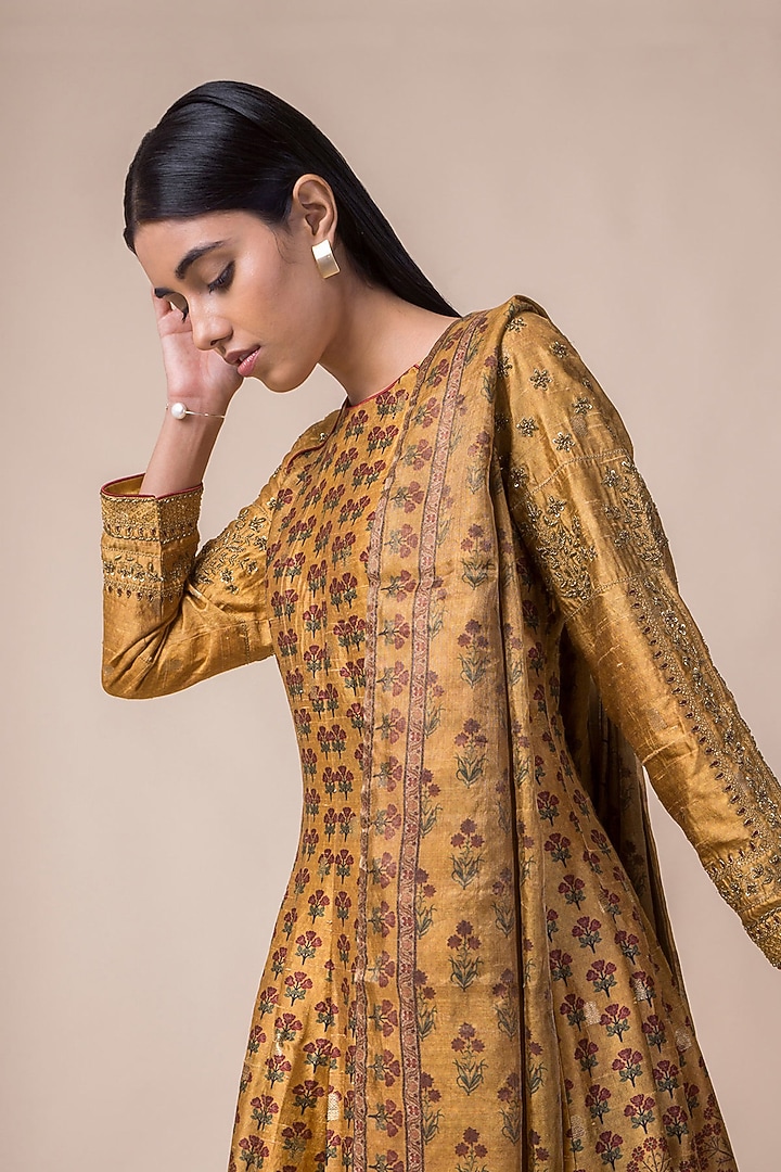 Mustard Yellow Handwoven Printed Wedding Anarkali Set by Ekaya at Pernia's Pop Up Shop