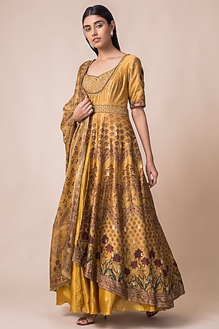 Mustard Yellow Printed Banarasi Anarkali Set by Ekaya