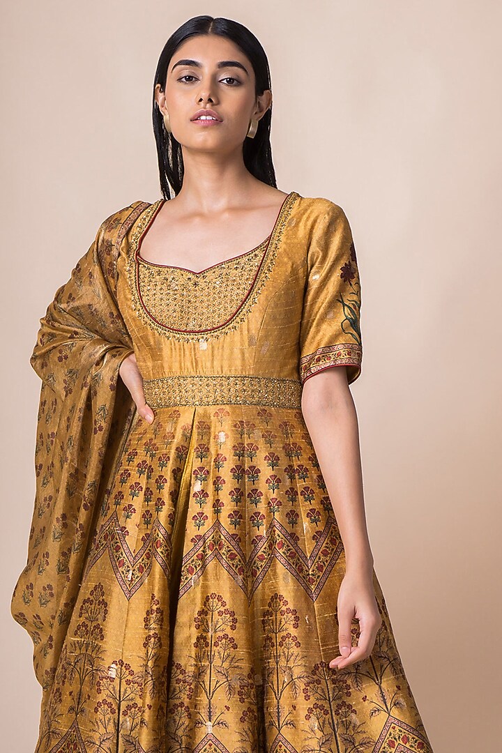 Mustard Yellow Printed Banarasi Wedding Anarkali Set by Ekaya at Pernia's Pop Up Shop