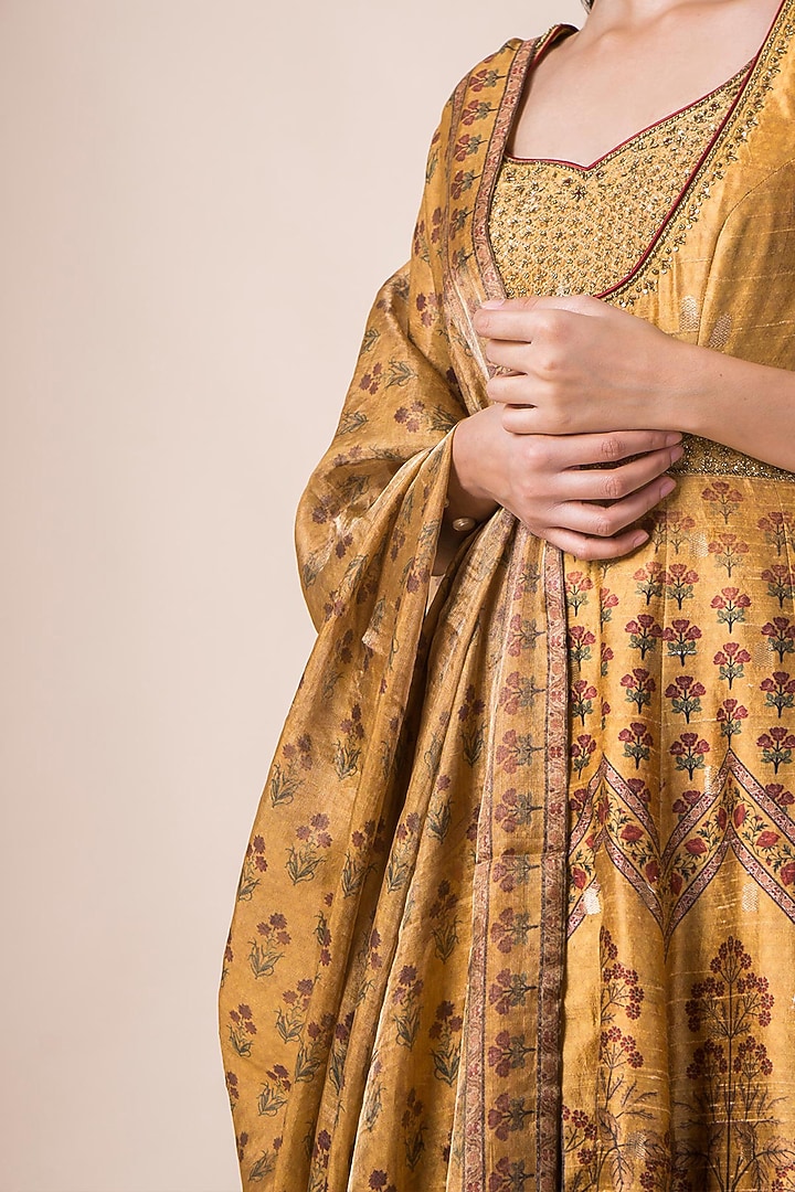 Mustard Yellow Printed Banarasi Wedding Anarkali Set by Ekaya at Pernia's Pop Up Shop