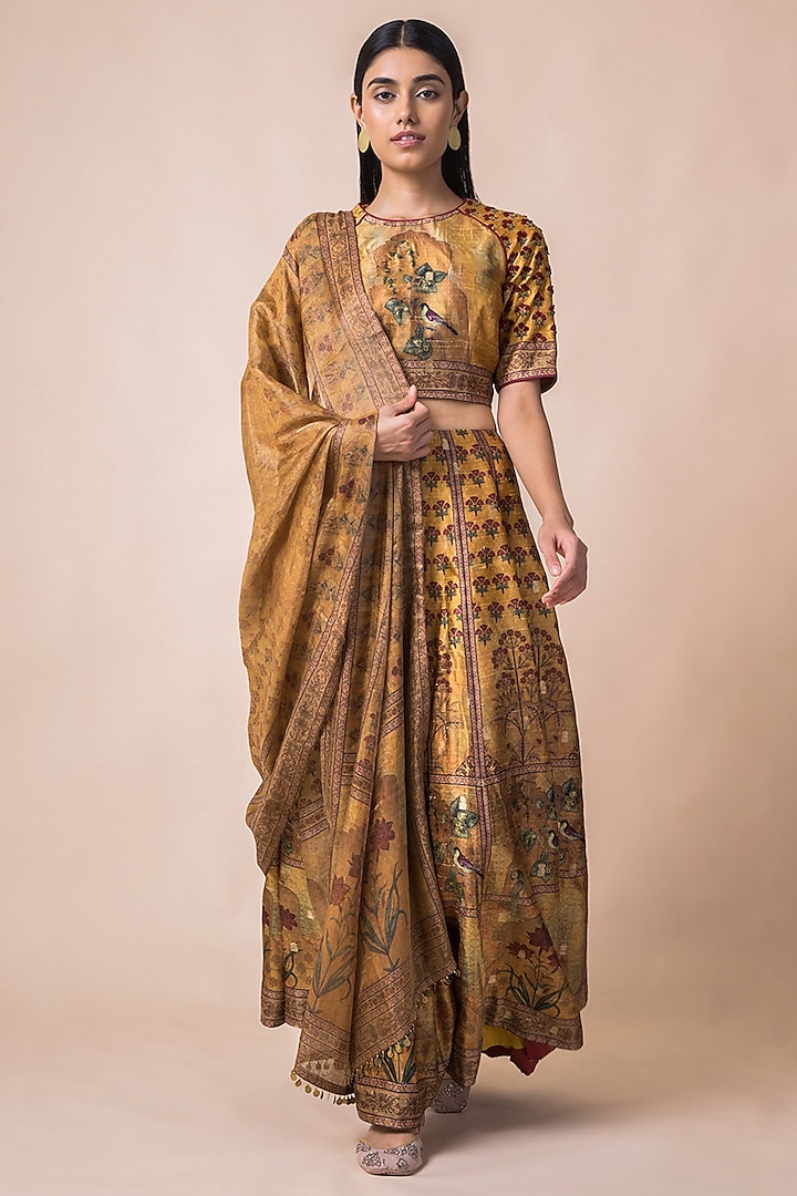 Mustard Yellow Printed Lehenga Set by Ekaya