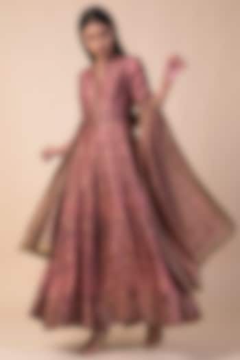 Onion Pink Handwoven Printed Anarkali Set by Ekaya