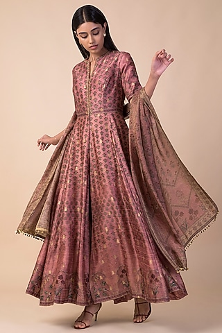 Onion Pink Handwoven Printed Anarkali Set by Ekaya
