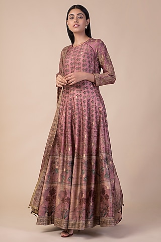 Onion Pink Banarasi Printed Anarkali Set by Ekaya
