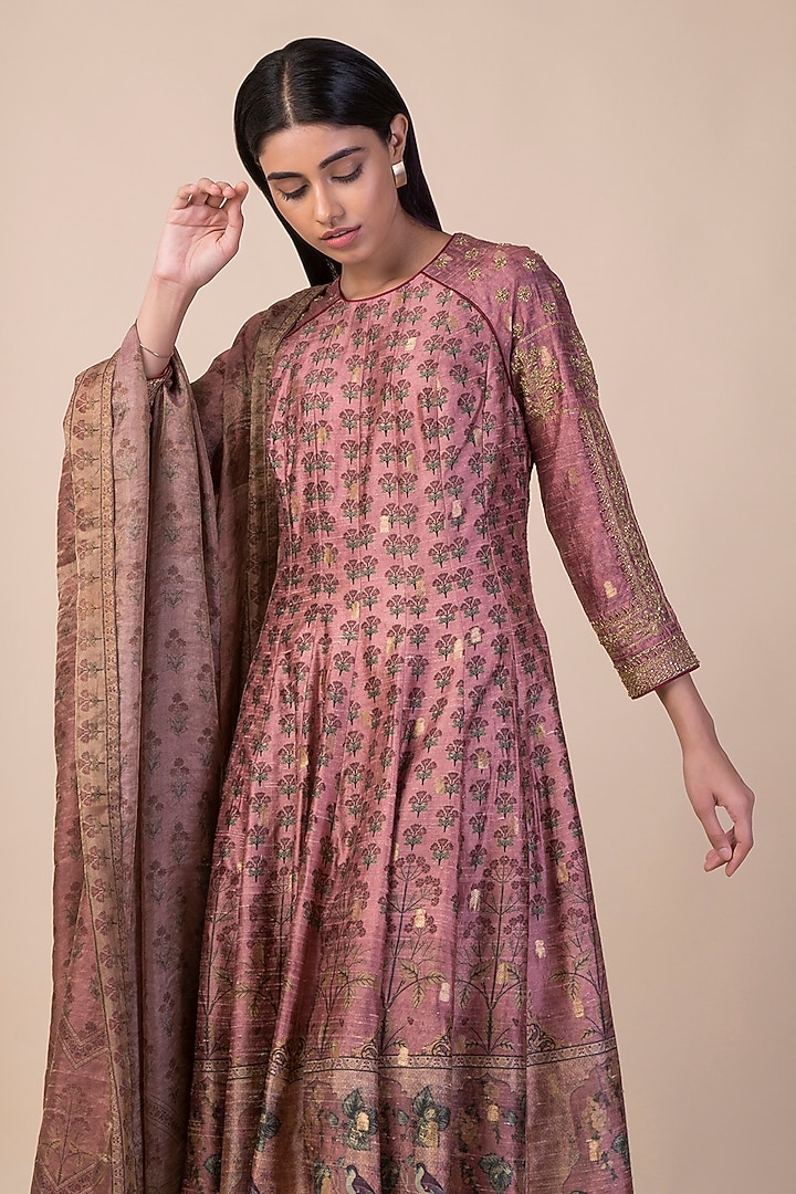 Onion Pink Banarasi Printed Wedding Anarkali Set by Ekaya at Pernia's Pop Up Shop