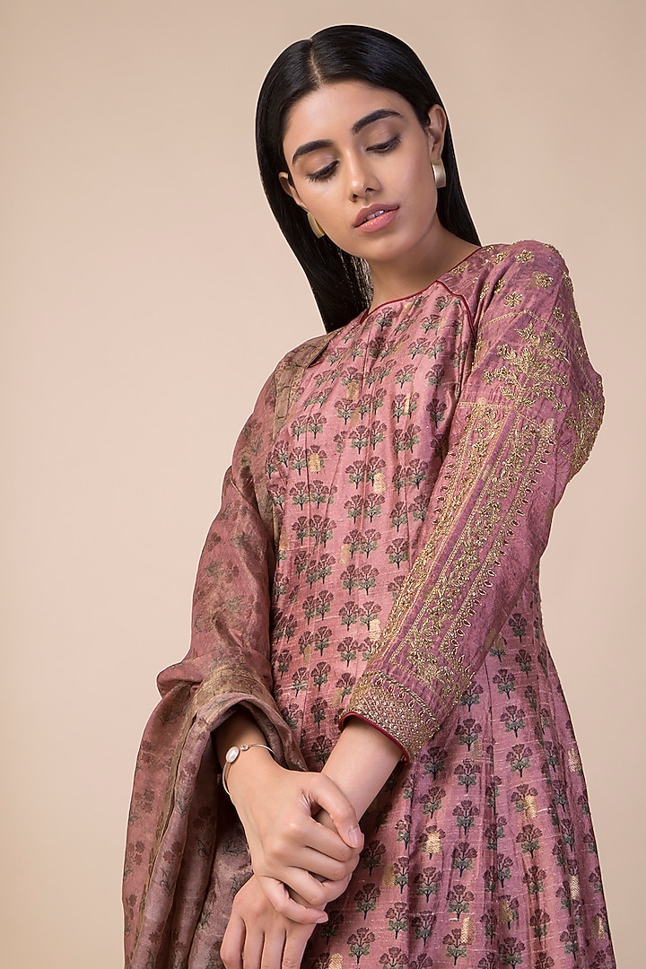Onion Pink Banarasi Printed Wedding Anarkali Set by Ekaya at Pernia's Pop Up Shop