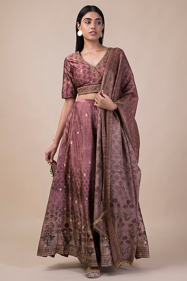 Onion Pink Banarasi Printed Lehenga Set by Ekaya