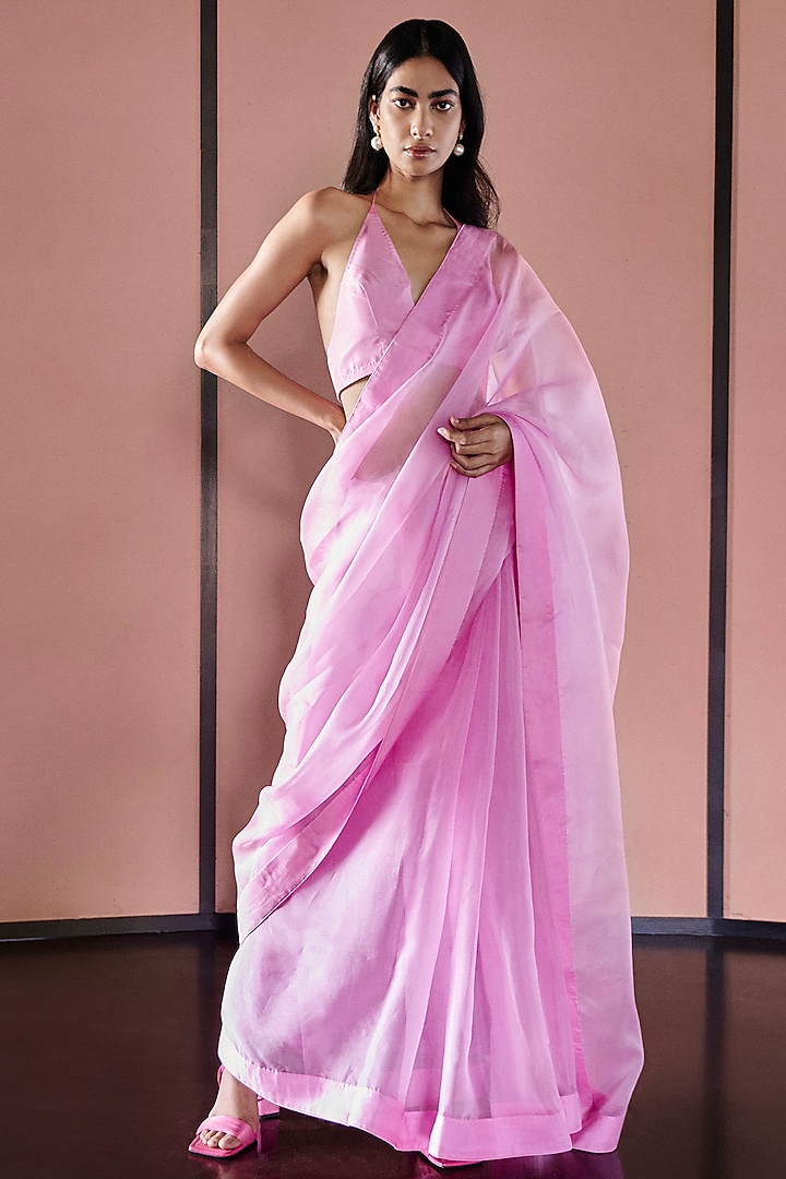 Blush Pink Organza Handwoven Festive Saree Set by Ekaya at Pernia's Pop Up Shop