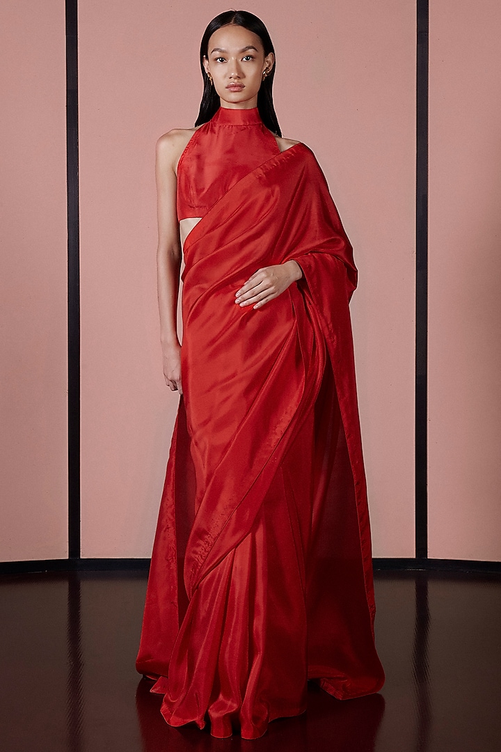 Ruby Red Silk Handwoven Festive Saree Set by Ekaya at Pernia's Pop Up Shop
