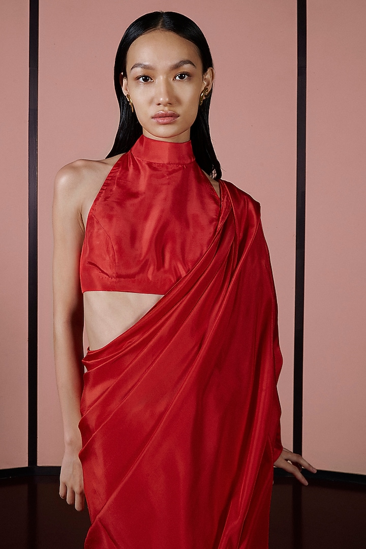Ruby Red Silk Handwoven Festive Saree Set by Ekaya at Pernia's Pop Up Shop