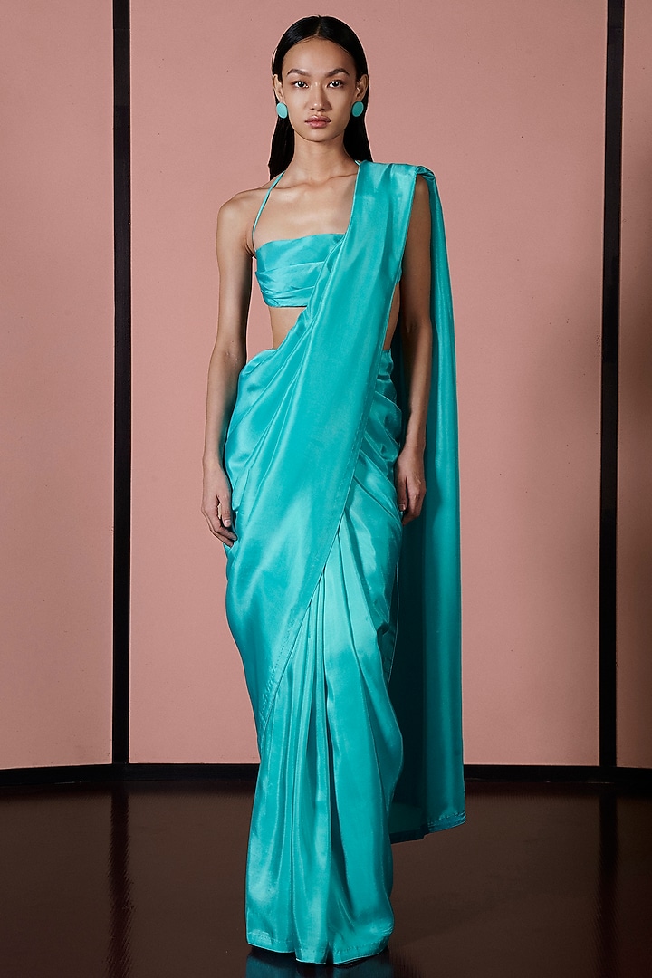 Turquoise Blue Silk Handwoven Festive Saree Set by Ekaya at Pernia's Pop Up Shop