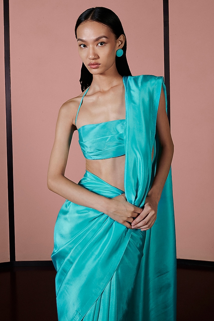 Turquoise Blue Silk Handwoven Festive Saree Set by Ekaya at Pernia's Pop Up Shop