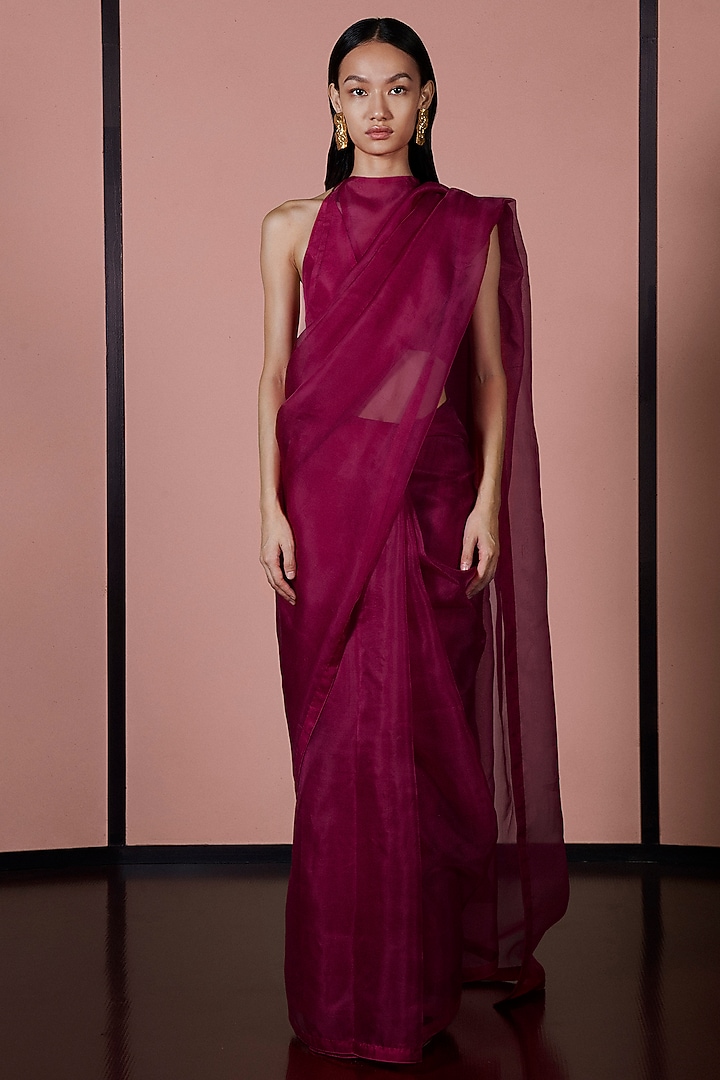 Sangria Red Organza Handwoven Festive Saree Set by Ekaya at Pernia's Pop Up Shop