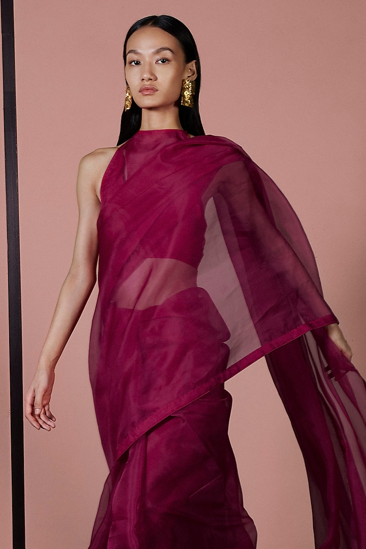 Sangria Red Organza Handwoven Festive Saree Set by Ekaya at Pernia's Pop Up Shop