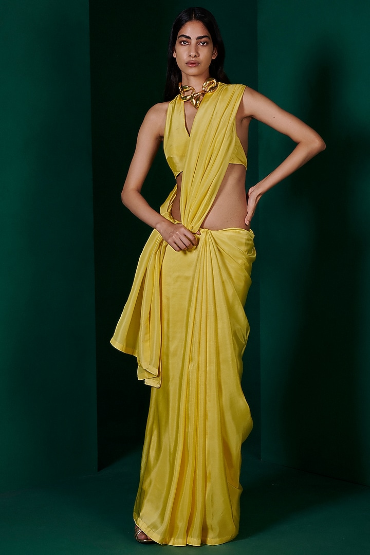 Lemon Yellow Silk Handwoven Festive Saree Set by Ekaya at Pernia's Pop Up Shop