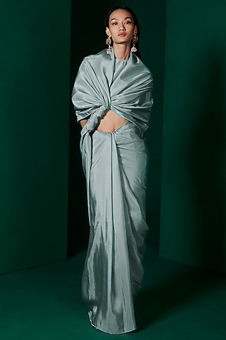 Ice Blue Silk Handwoven Saree Set by Ekaya