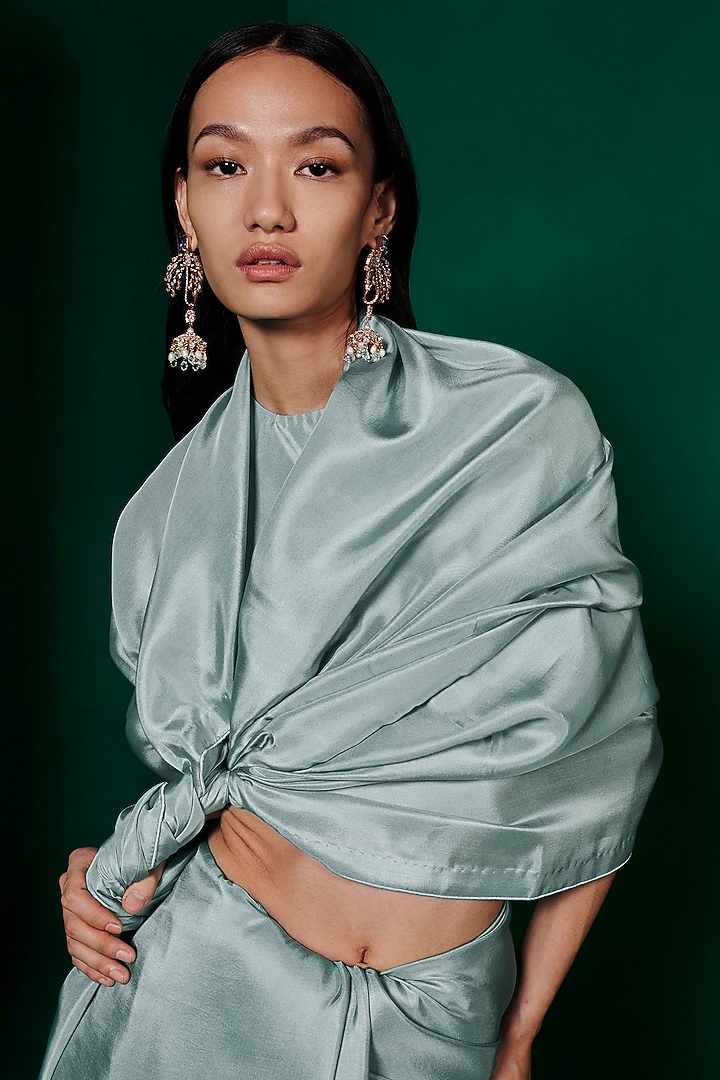 Ice Blue Silk Handwoven Festive Saree Set by Ekaya at Pernia's Pop Up Shop