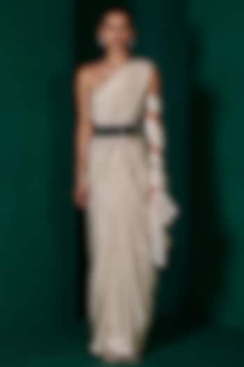 Champagne Beige Silk Handwoven Festive Saree Set by Ekaya at Pernia's Pop Up Shop