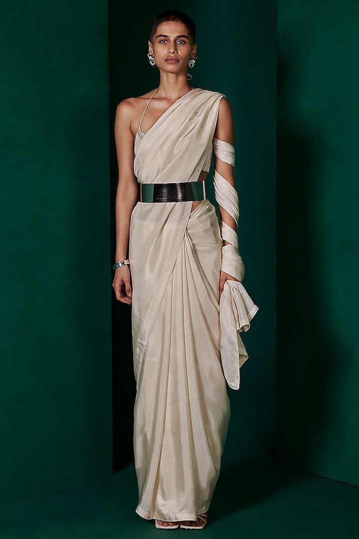 Champagne Beige Silk Handwoven Festive Saree Set by Ekaya at Pernia's Pop Up Shop