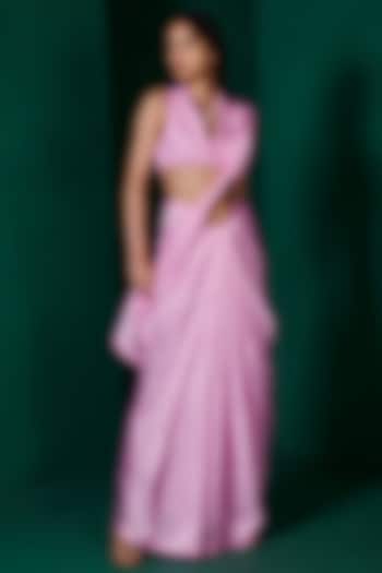 Blush Pink Silk Handwoven Saree Set by Ekaya