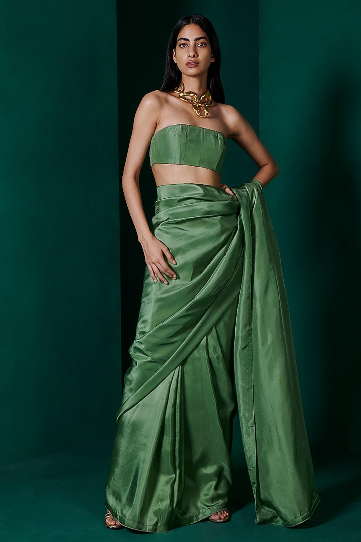 Forest Green Silk Handwoven Festive Saree Set by Ekaya at Pernia's Pop Up Shop