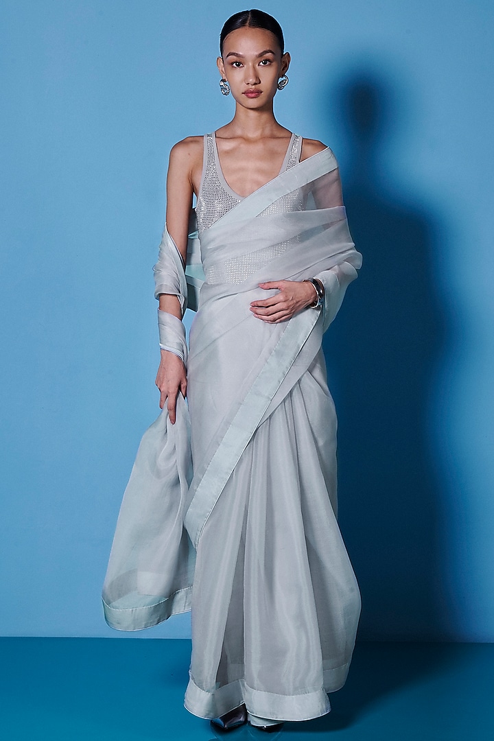 Dove Grey Organza Handwoven Festive Saree Set by Ekaya at Pernia's Pop Up Shop