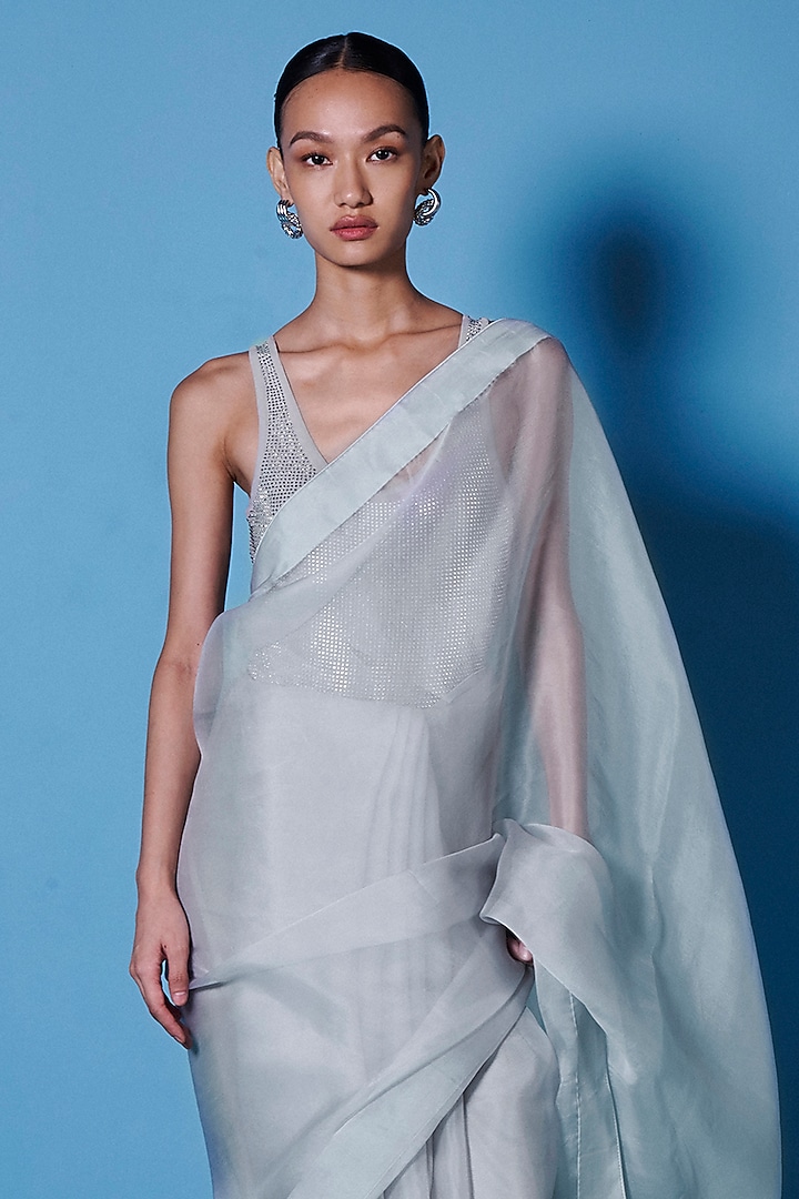 Dove Grey Organza Handwoven Festive Saree Set by Ekaya at Pernia's Pop Up Shop