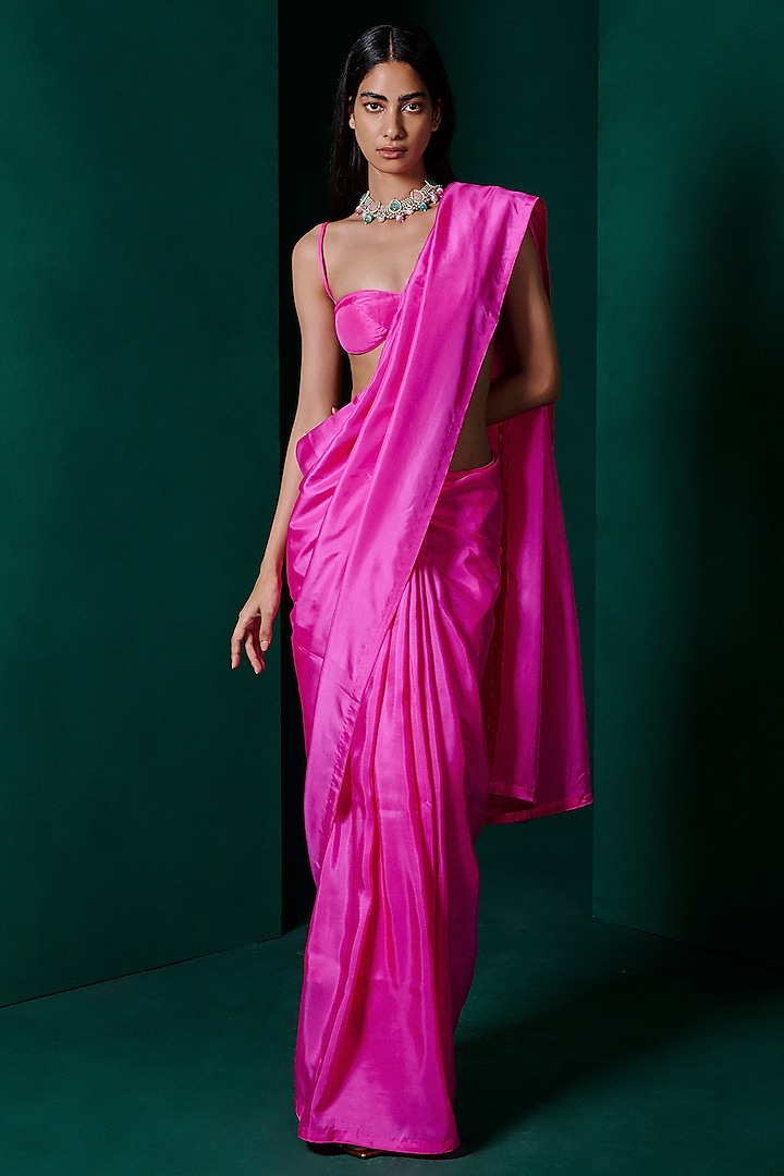 Fuchsia Pink Silk Handwoven Festive Saree Set by Ekaya at Pernia's Pop Up Shop