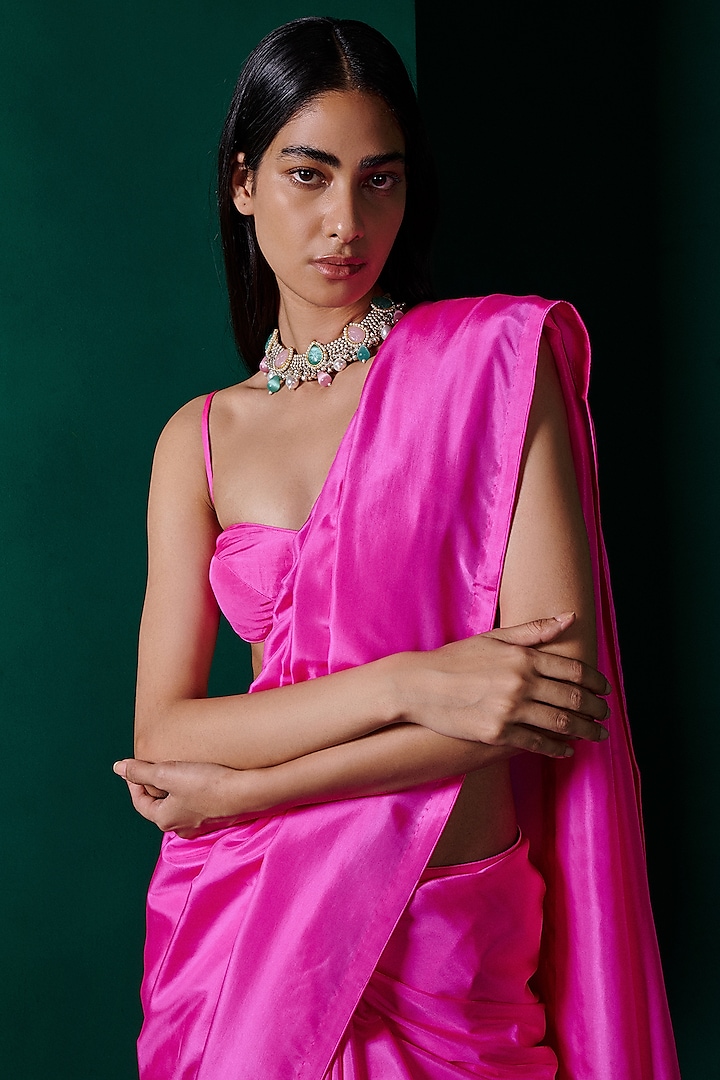 Fuchsia Pink Silk Handwoven Festive Saree Set by Ekaya at Pernia's Pop Up Shop