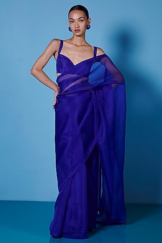 Midnight Blue Organza Handwoven Saree Set by Ekaya