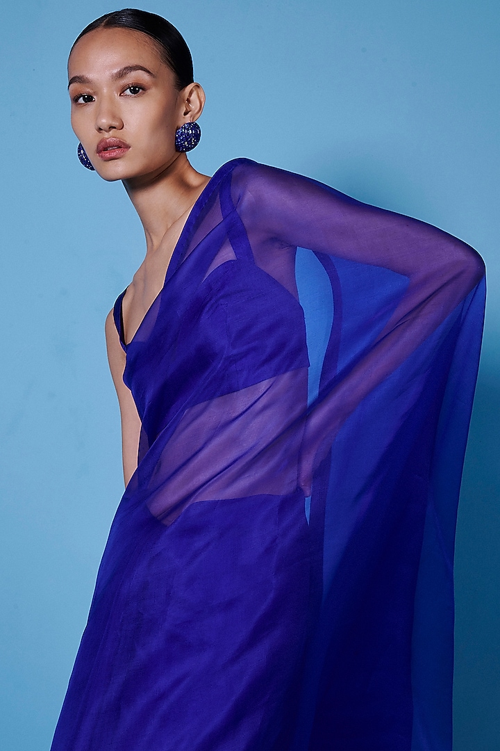 Midnight Blue Organza Handwoven Festive Saree Set by Ekaya at Pernia's Pop Up Shop