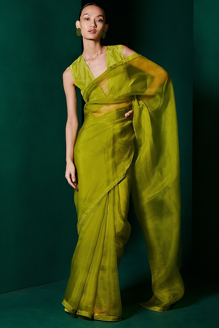 Moss Green Organza Handwoven Festive Saree Set by Ekaya at Pernia's Pop Up Shop