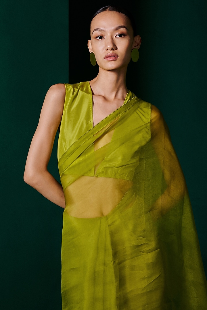 Moss Green Organza Handwoven Festive Saree Set by Ekaya at Pernia's Pop Up Shop