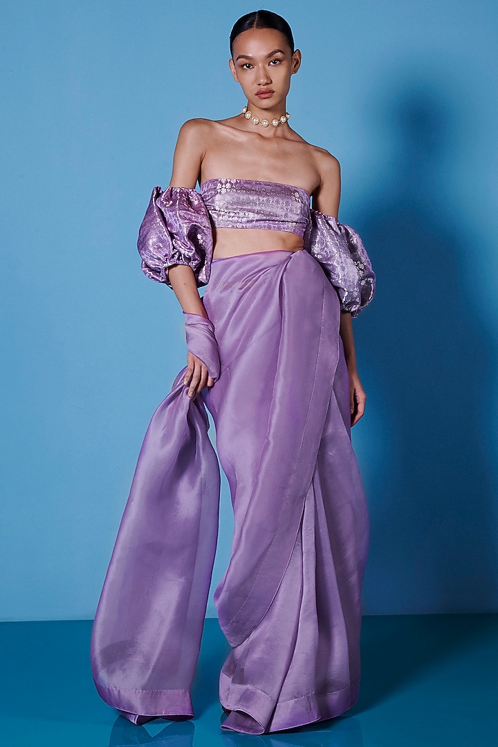 Orchid Violet Organza Handwoven Festive Saree Set by Ekaya at Pernia's Pop Up Shop