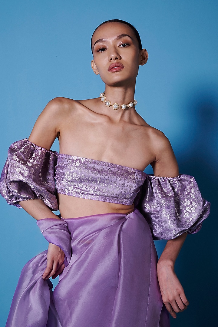 Orchid Violet Organza Handwoven Festive Saree Set by Ekaya at Pernia's Pop Up Shop