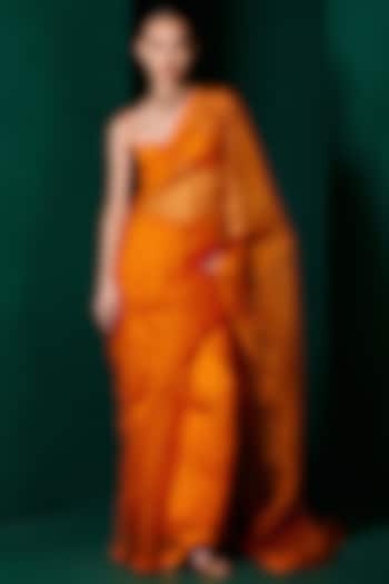 Tangerine Orange Organza Handwoven Festive Saree Set by Ekaya at Pernia's Pop Up Shop