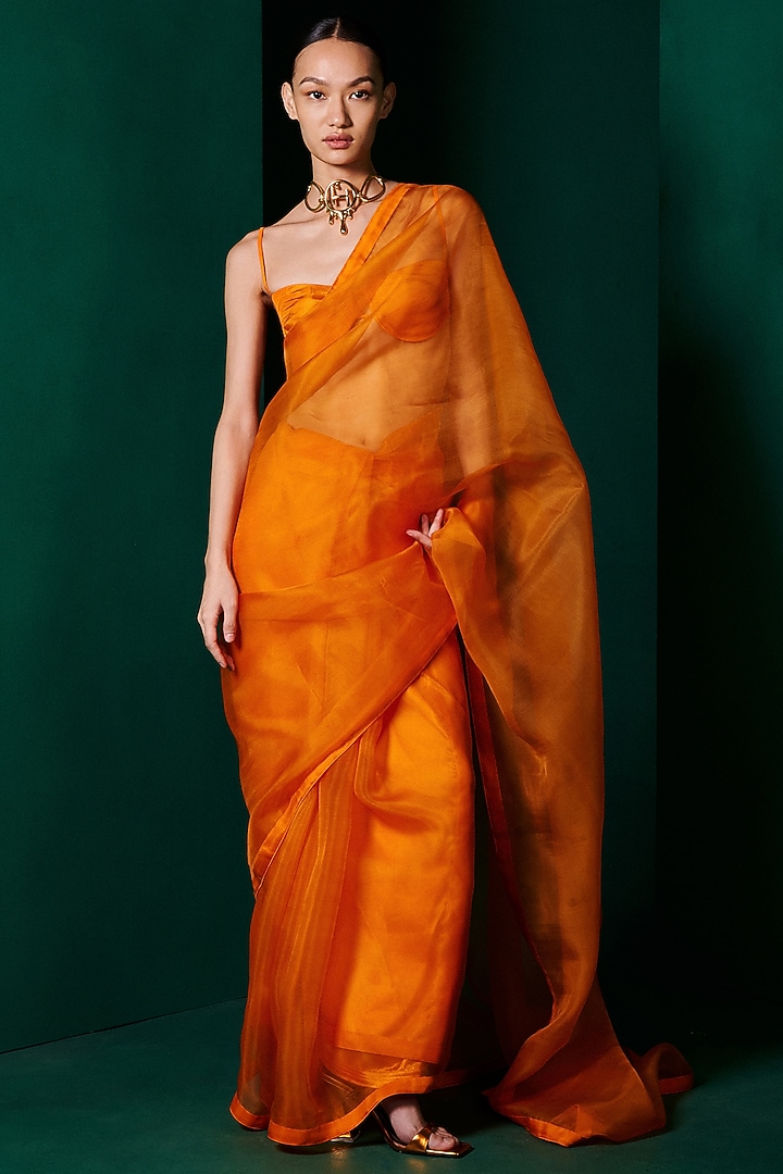 Tangerine Orange Organza Handwoven Festive Saree Set by Ekaya at Pernia's Pop Up Shop