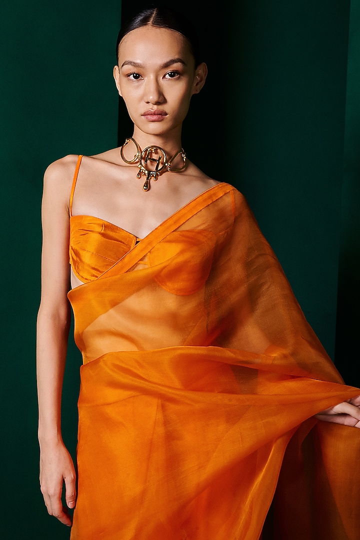 Tangerine Orange Organza Handwoven Festive Saree Set by Ekaya at Pernia's Pop Up Shop