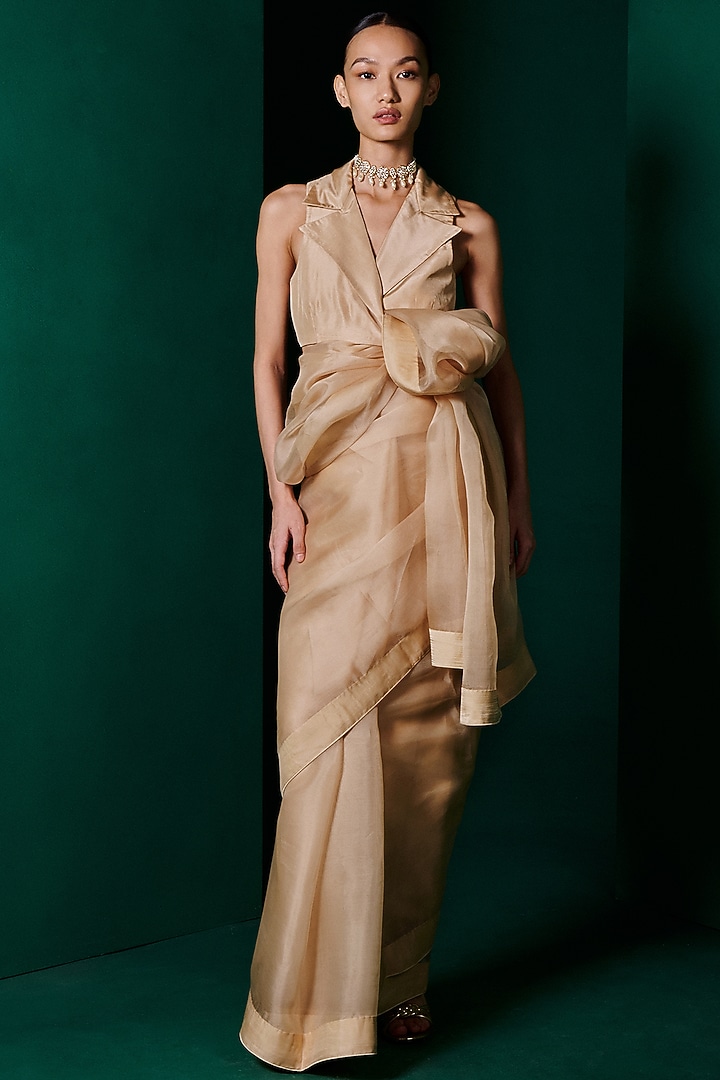 Latte Beige Organza Handwoven Festive Saree Set by Ekaya at Pernia's Pop Up Shop