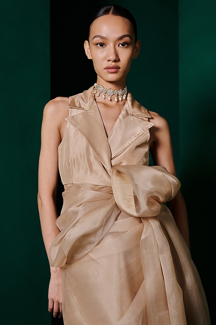 Latte Beige Organza Handwoven Festive Saree Set by Ekaya at Pernia's Pop Up Shop
