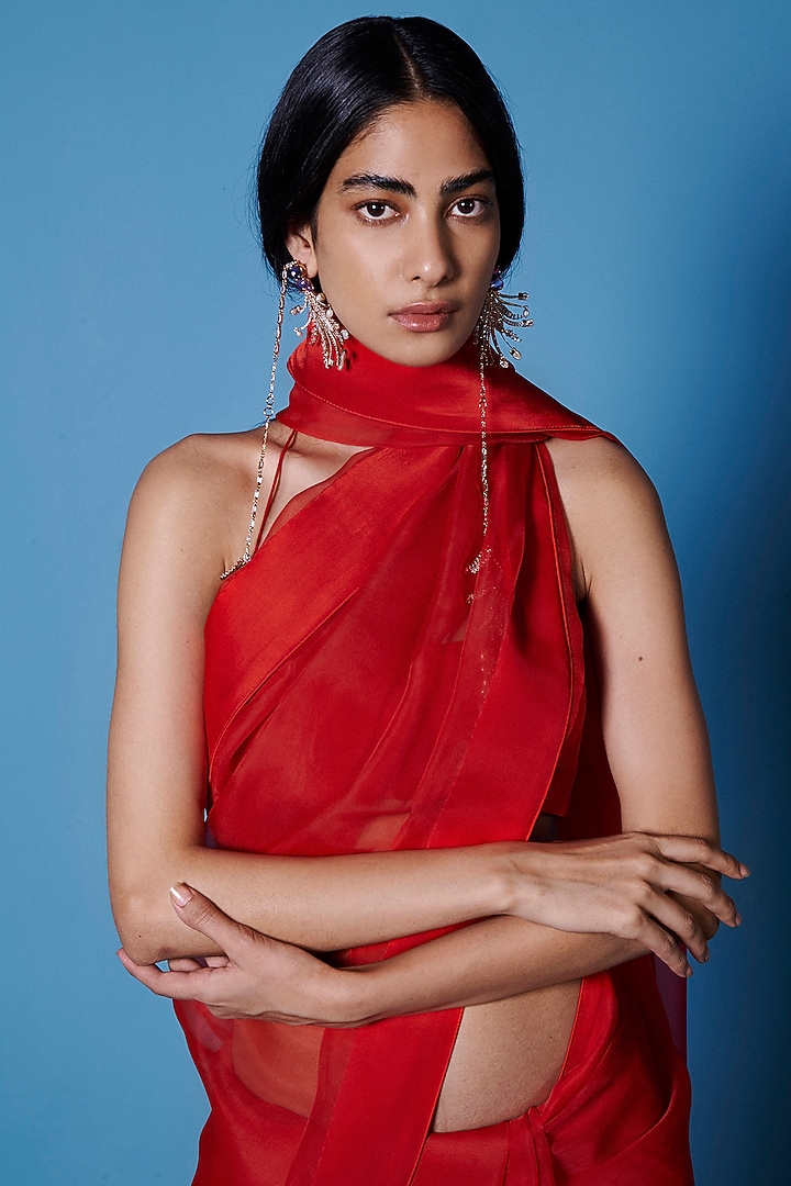 Ruby Red Organza Handwoven Festive Saree Set by Ekaya at Pernia's Pop Up Shop